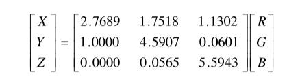 X、Y、Z和RGB系數(shù)之間關(guān)系式