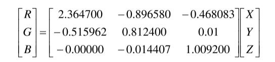 RGB顏色空間轉(zhuǎn)換XYZ顏色空間的準(zhǔn)換關(guān)系式